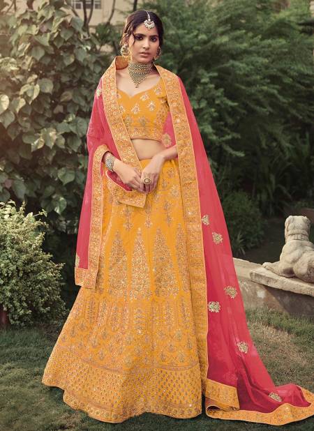Yellow Exclusive Bridal Wedding Wear Satin Heavy Embroidery With Stone Work Lehenga Choli Collection 4519